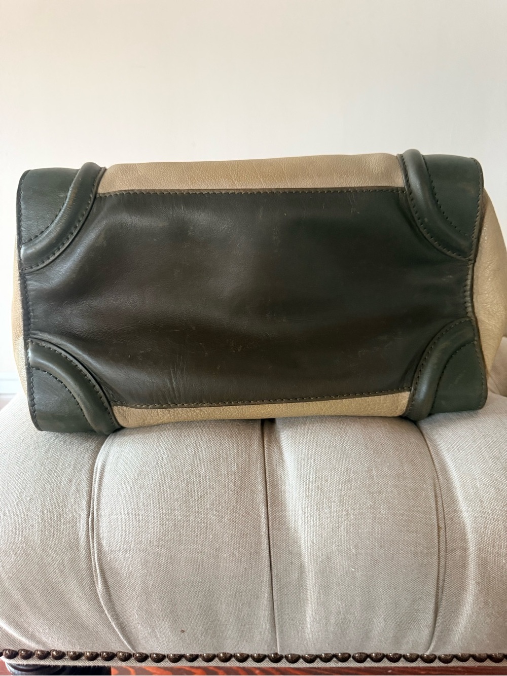 Authentic Phoebe Philo Celine Micro Luggage Tote Bi Color Green Tan Leather - Picture 8 of 16